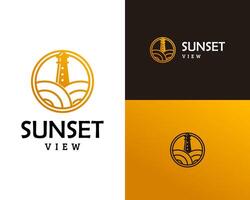 Logo design about sunset view on the beach with lighthouse. vector