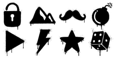set of black stencil graffiti icons created with spray paint, featuring a lock, mountain, mustache, bomb, play button, lightning bolt, star, and dice. vector