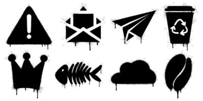 Graffiti Style Black and White Icon Set. Spray Paint Drip Effect. Each icon, including warning sign, mail, paper plane, recycle bin, crown, fishbone, cloud, and coffee bean. vector
