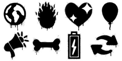 Collection of black and white spray paint stencil icons including Earth, fire, heart, balloon, megaphone, bone, battery, and refresh arrows. Grunge street art style with dripping paint effect. vector