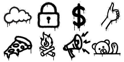 collection of unique graffiti-style icons including a cloud, padlock, dollar sign, hand gesture, pizza slice, campfire, megaphone, and teddy bear. vector
