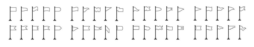 set of 40 Collection of flag and pennant icons with poles for start, end, banner, location, pin destination map pictograms in monoline form vector