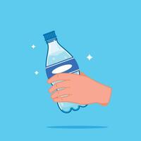 Handheld plastic water bottle, healthy blue drinking water packed in standard 400ml capacity with bottom serrations vector