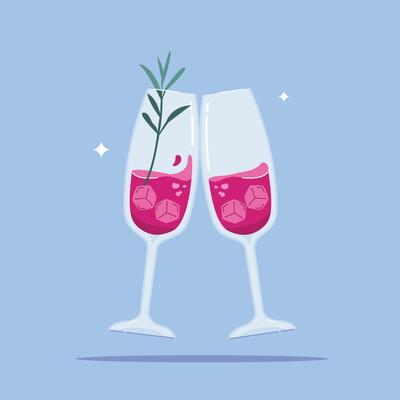 illustration of toast, alcoholic beverage in Champagne Flute Glass. summer appetizer decorated with rosemary leaves
