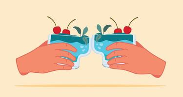 2 hands holding glasses and toasting. Summer appetizer decorated with cherries vector