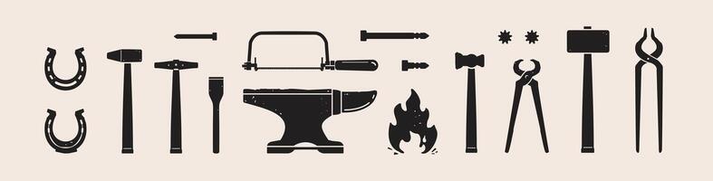 Set of blacksmith tools graphic icons. The most complete collection of forging tool signs isolated on a white background. vector