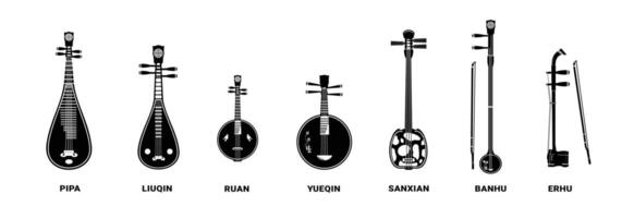 Set of Illustrations of Traditional Asian Stringed Instruments, Silhouettes of Stringed Instruments, Suitable for Music Stores and Communities vector