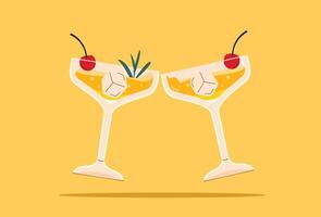 illustration of toasting alcoholic beverage in a Margarita glass. Summer appetizer decorated with berries and citrus vector