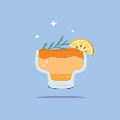 alcoholic fruit cocktail drink in a mini glass. Summer appetizer decorated with rosemary and orange. Illustration of soft and alcoholic drinks.