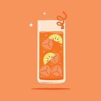 Drinks in a tall glass. Summer appetizer decorated with citrus and ice cubes. Illustration of soft and alcoholic drinks. vector