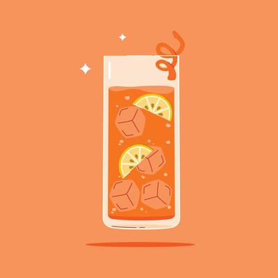 Drinks in a tall glass. Summer appetizer decorated with citrus and ice cubes. Illustration of soft and alcoholic drinks.
