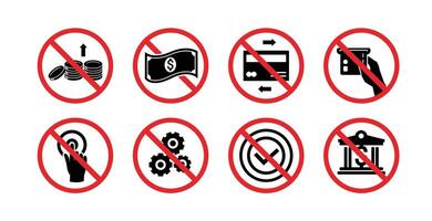 ISO Prohibition Sign, various financial danger signs icons. cash withdrawal at ATM. Click here, PIN number, cash processing and withdrawal symbols and so on vector