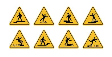 set of warning signs of danger of stepping, climbing, descending, falling and slipping on yellow triangle board. Suitable for posters and web icons vector