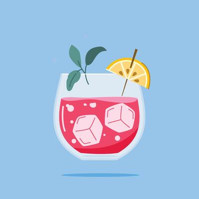 alcoholic beverage in Red Wine Glass. Summer appetizer decorated with mint leaves and orange. Illustration of soft and alcoholic beverages.