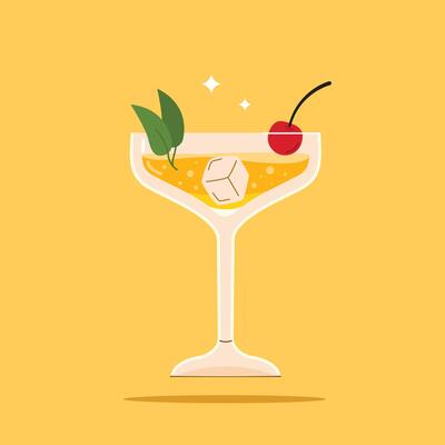 alcoholic beverage in Margarita Glass. Summer appetizer decorated with berries and citrus. Illustration of soft and alcoholic beverages.