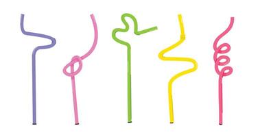 cute straw set in various colors, summer plastic utensils, drink accessories, flat illustration of discarded and destroyed filters vector