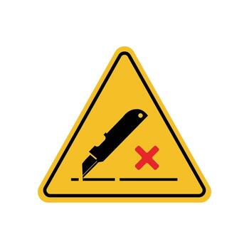 Warning sign prohibited from opening using cutter on yellow triangle board. Emergency sign Suitable for posters and web icons vector