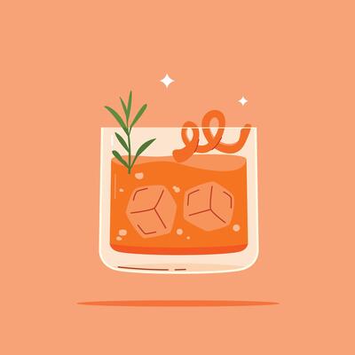 alcoholic beverage in a rock glass. Summer appetizer garnished with rosemary leaves and orange slices. Illustration of soft and alcoholic beverages.