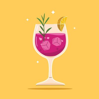 alcoholic beverage in Red Wine Glass. Summer appetizer decorated with rosemary leaves and orange. Illustration of soft and alcoholic beverages.