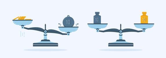 illustration of scales with iron weights in flat design, scale weight. Libra scale isolated on white background vector