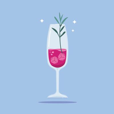 alcoholic beverage in Champagne Flute Glass. Summer appetizer decorated with rosemary leaves. Illustration of soft and alcoholic beverages.
