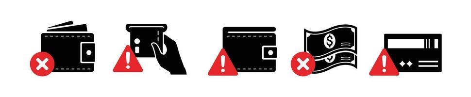 ISO Prohibition Sign, financial danger sign icon set Wallet error icon. No cash, no card icon vector