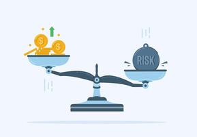 economic balance, Scales with profit and risk signs in coin symbols and weights showing weight for risk vector