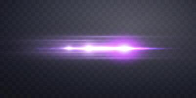 Purple horizontal lensflare. Light flash with rays or violet spotlight and bokeh. Glow flare light effect. Isolated on dark background. vector
