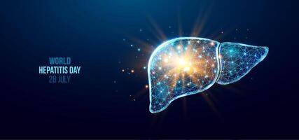 Liver wireframe. World hepatitis day concept. Banner template with glowing low poly liver. Futuristic modern abstract. Isolated on dark background. illustration. vector