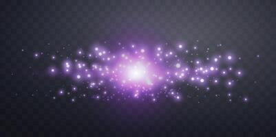 Purple horizontal lensflare. Light flash with rays or violet spotlight and bokeh. Glow flare light effect. illustration isolated on dark background. vector
