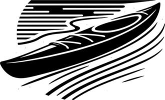 Empty Kayak Floating on River with Sunrise Lines in Black and White Minimalist Design vector