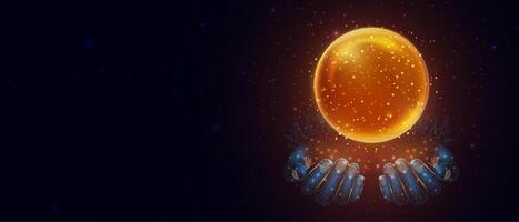 Orange magic fantasy sphere in hands. Crystal ball with glowing sparkles and particles. Energy orb with glow flare light effect. illustration. vector