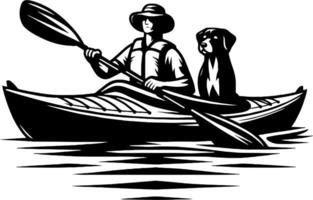 Man Canoeing with Dog on Calm Water in Black and White Silhouette Art vector