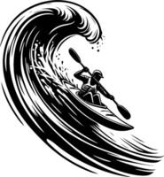 Kayaker Dropping Into Massive Ocean Wave in Black and White Action Scene vector