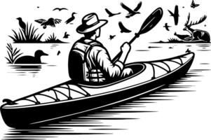 Man Kayaking Through Wildlife Marsh with Birds and Deer in Black and White Nature Scene vector