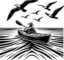 Man Kayaking Toward Horizon Under Soaring Seagulls in Black and White Coastal Scene vector