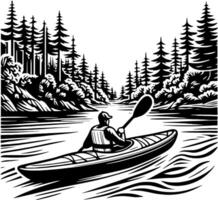 Man Kayaking Through Forest River Surrounded by Pine Trees in Black and White Nature Scene vector