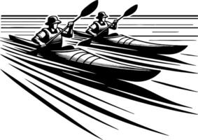Two People Kayaking in Sync on Open Water in Black and White Racing Scene vector