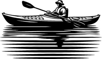 Man Kayaking on Still Water with Reflections in Black and White Tranquil Scene vector