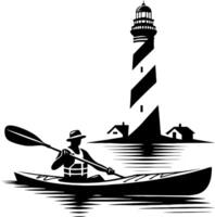 Man Kayaking Past Striped Lighthouse and Coastal Cabins in Black and White Seaside Scene vector