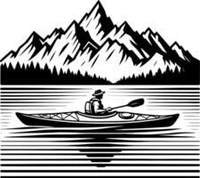 Man Kayaking on Lake with Mountain Range Reflection in Black and White Scenic View vector
