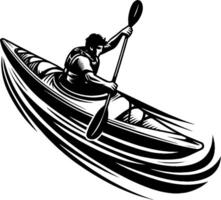 Young Man Powerfully Kayaking Through River in Black and White Motion Scene vector