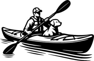 Person Kayaking with Labrador on Lake in Black and White Adventure Scene vector
