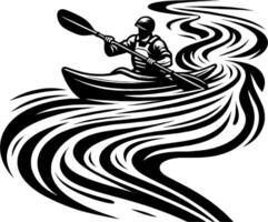 Solo Kayaker Navigating Winding Rapids in Black and White River Illustration vector