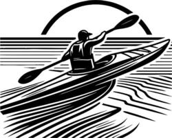 Kayaker Turning Toward Horizon with Sun Setting in Black and White Motion Scene vector