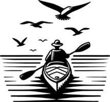 Man Kayaking Under Flying Birds on Peaceful Water in Black and White Nature Scene vector