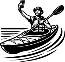 Smiling Man Taking Selfie While Kayaking in Black and White Adventure Illustration vector