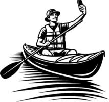 Man In Canoe Taking A Selfie, Black And White Silhouette Of A Kayaker vector