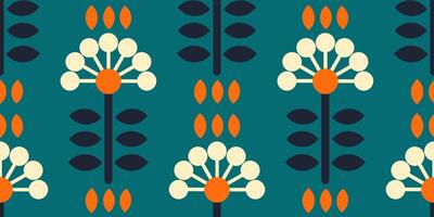Bold seamless retro floral pattern with geometric shapes in teal, orange, cream, and black. Ideal for textile design, wallpapers, wrapping paper, backgrounds, and vintage decor projects. vector