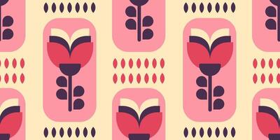 Bold geometric floral pattern in a retro style with pink, beige, and purple tones. Ideal for wrapping paper, wallpaper, fabrics, and nostalgic decor concepts. vector